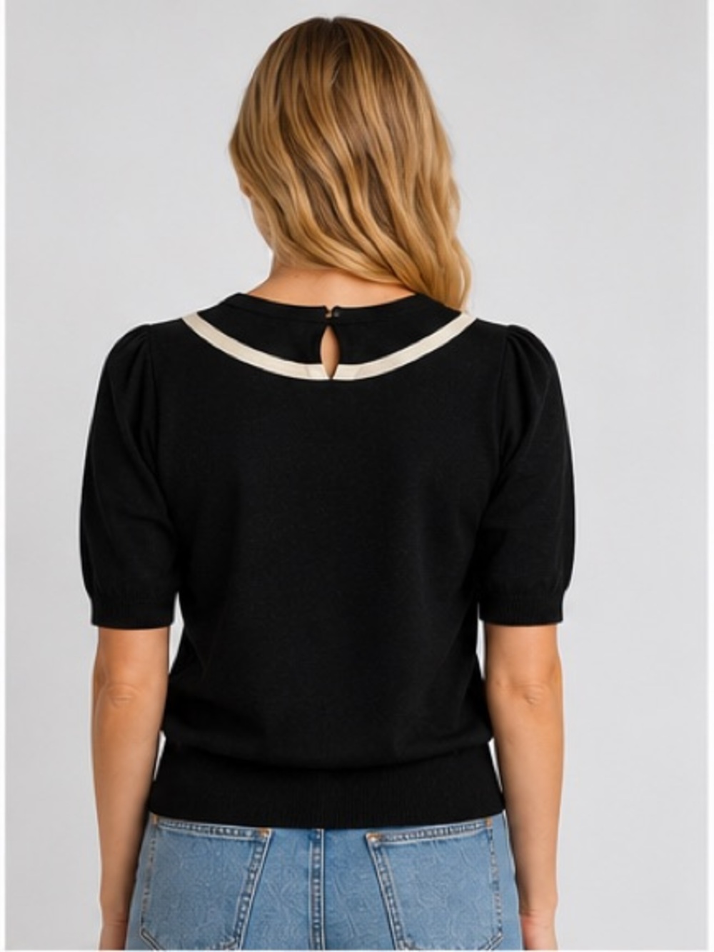 Black Short-Sleeve Crew Sweater with Cream Contrast Bow - Picture 4 of 8